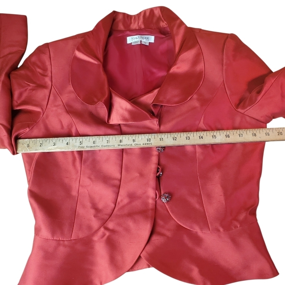 Vntg 90s Kay Unger Red Silk Suit. Cropped Jacket and Skirt. Size 10. #219 - Picture 13 of 16